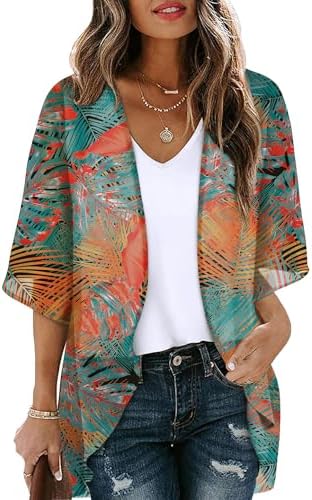 Kimono Cardigans for Women 3/4 Sleeve Tops Beach Cover Ups for in Orange Leaves
