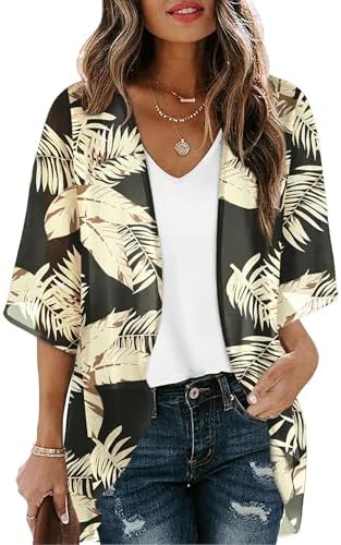 Kimonos for Women 3/4 Length Sleeve Womens Tops Resort Wear for in Black Beige Leaves