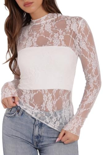 Lace Tops for Women Long Sleeve Shirts High Neck Tops See in White Floral