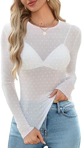 Lace Tops for Women Sexy Top Mesh Long Sleeve Tops Slim Fitted in White Dots