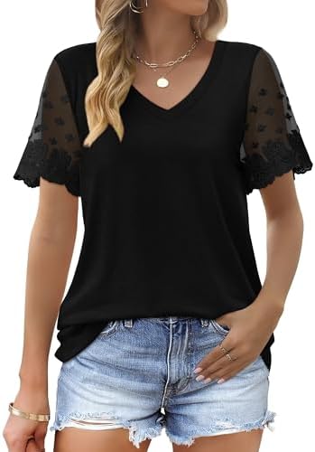 Lace Tops for Women Trendy 2025 Spring Short Sleeve V Neck T in 00-black