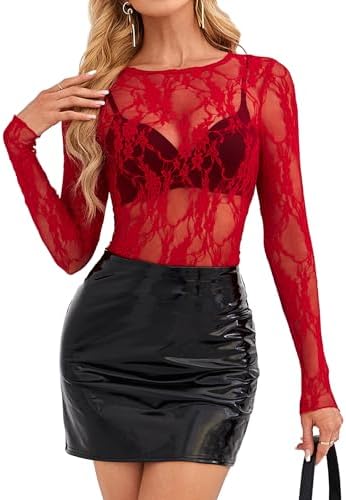 Lace Tops for Women Valentines Day Slim Fitted See Through in Red