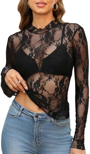 Lace Undershirts for Women Long Sleeve Mesh Tops See Through in Black Floral