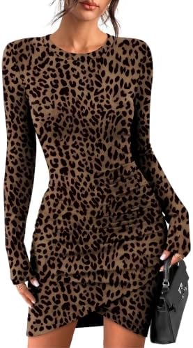 Leopard Print Dress for Women Fall Long Sleeve Bodycon Mini M
