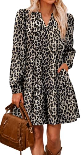 Leopard Print Dress for Women Fall Long Sleeve Tiered Dress