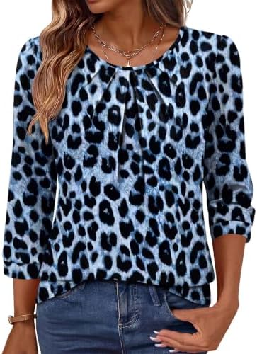 Leopard Print Tops for Women Business Casual Outfits 3/4 Length in I-blue Leopard