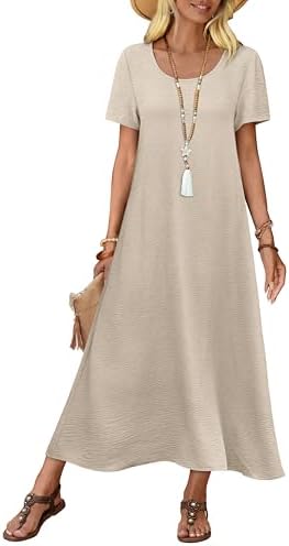 Linen Dress Women Maxi Summer Casual Flowy Dresses Travel Long in Apricot