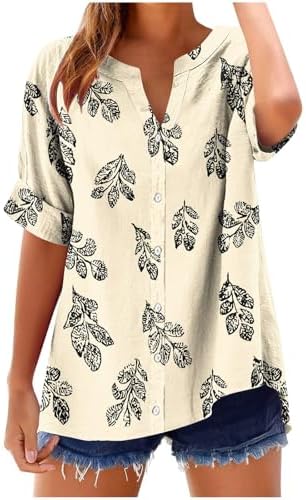 Linen Shirts for Women Cassual Button Down V Neck Blouses Short