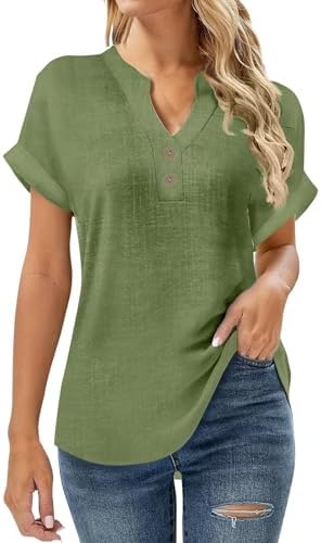 Linen Shirts for Women Short Sleeve Henley V Neck Summer Tops