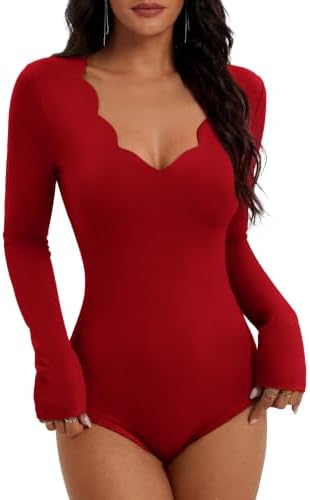 Long Sleeve Bodysuits for Women Scallop Neck Slim Fit Tops Red M in Red