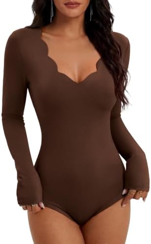 Long Sleeve Bodysuits for Women Scallop Neck Slim Fit Tops in Brown