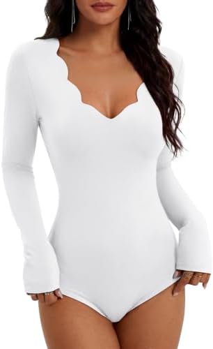 Long Sleeve Bodysuits for Women Scallop Neck Slim Fit Tops in White