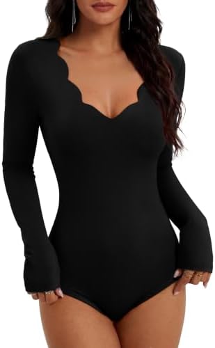 Long Sleeve Bodysuits for Women Scallop Neck Slim Fit Tops