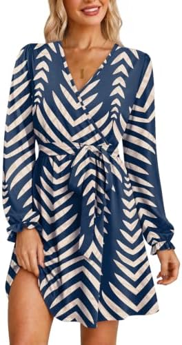 Long Sleeve Casual Wrap Fall Dress Wedding Guest Dresse Chevron in F-chevron