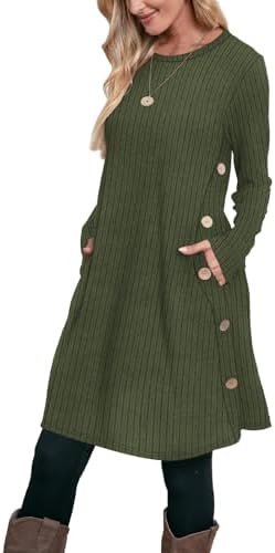 Long Sleeve Dress 2026 Winter Tunic Sweater Dress Fall Army in Ribbed Army Green