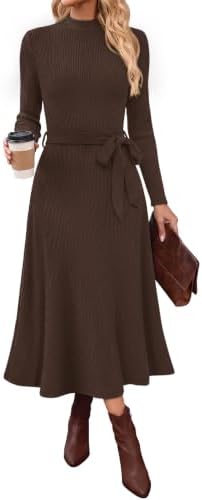 Long Sleeve Dress Elegant Fall Midi Dresses High Neck Brown
