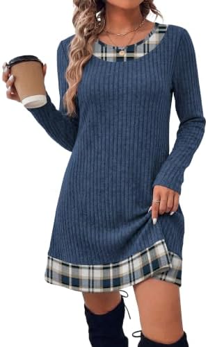 Long Sleeve Dress for Women Fall Fashion Dresses Casual Loose in Navy Plaid