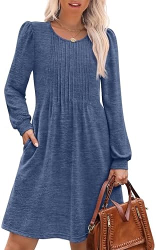Long Sleeve Dress for Women Pleated Sweater Dresses Winter in Dark Blue