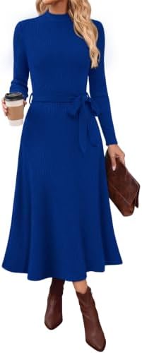 Long Sleeve Dress for Women Sweater Mock Neck Dress Midi in Blue