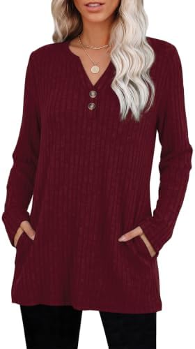 Long Sleeve Henley Shirts for Women Fall Clothes Tunic Sweaters in 06 Wine