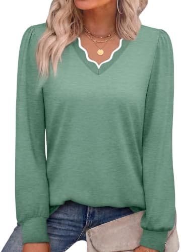 Long Sleeve Shirts for Women Basic Fall Fashion Tops Green 3XL in Color Block (Green & White)