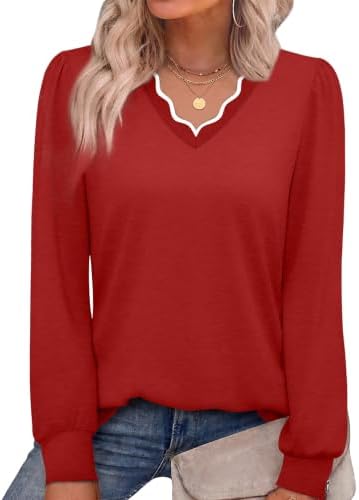 Long Sleeve Shirts for Women Basic Fall Fashion Tops Red L in Color Block (Red & White)