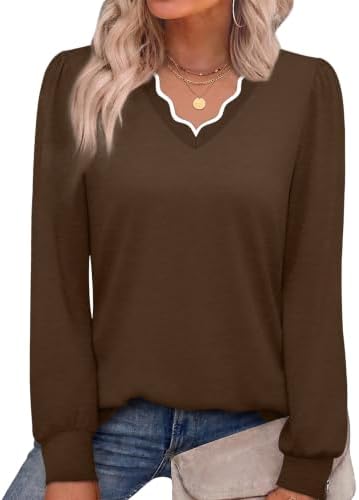 Long Sleeve Shirts for Women Basic Fall Fashion Tops Chocolate in Color Block (Chocolate Brown & White)