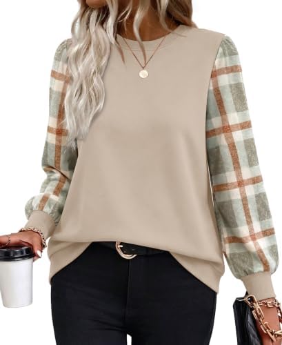 Long Sleeve Shirts For Women Crew Neck Sweatshirt Fall Tops in B Plaid