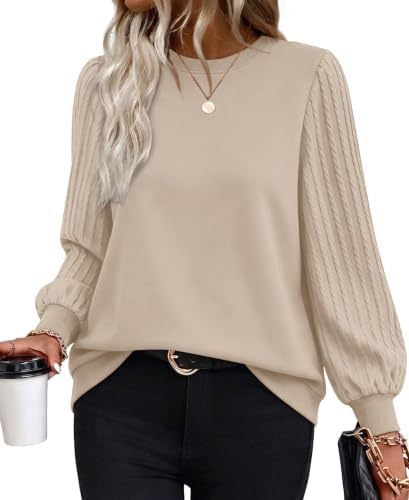 Long Sleeve Shirts For Women Crewneck Sweatshirts Fall Tops in C Khaki