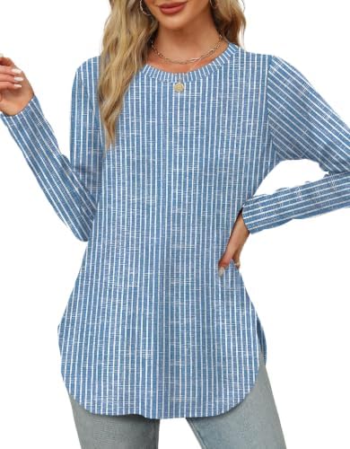 Long Sleeve Shirts for Women Crewneck Tunic Tops Blue Striped in Stripes Blue