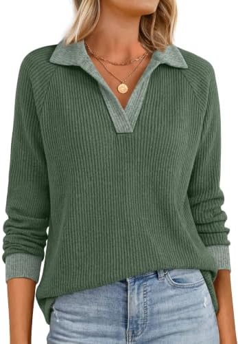 Long Sleeve Shirts for Women Dressy Casual Color Block Green M