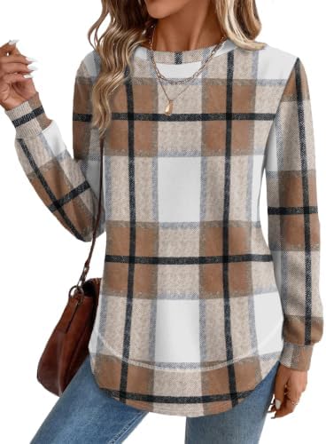 Long Sleeve Shirts for Women Dressy Casual Fall Clothes Plaid in C-brown Plaid