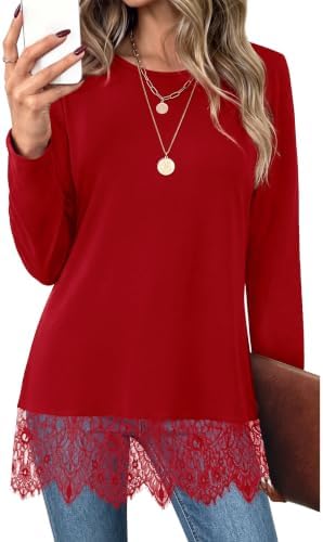 Long Sleeve Shirts for Women Fall Clothes Lace Tunic Tops in M-red