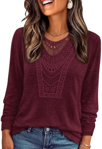 Long Sleeve Shirts for Women Fall Outfits Business Casual Boho in Dark Red