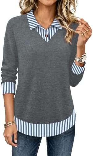 Long Sleeve Shirts for Women Fall Teacher Outfits Business in Grey Stripe