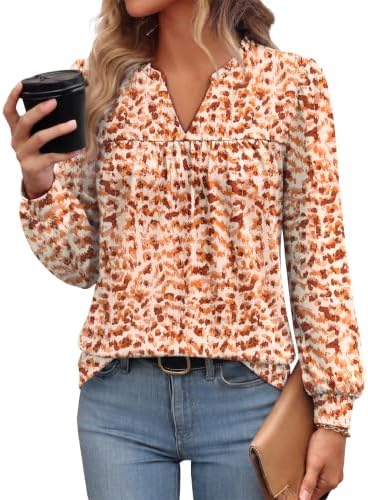 Long Sleeve Shirts for Women Fall Tops Business Casual Outfits in Orange Printed Camo