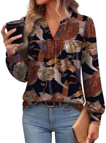 Long Sleeve Shirts for Women Fall Tops Business Casual Outfits in Black Red Floral
