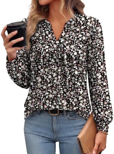 Long Sleeve Shirts for Women Fall Tops Business Casual Outfits in Black Ditsy Floral