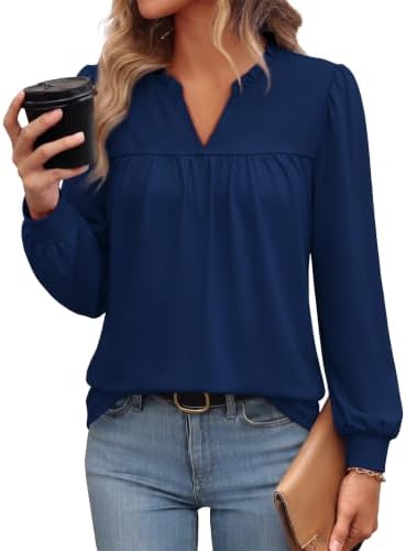 Long Sleeve Shirts for Women Fall Tops Business Casual Outfits in Navy Blue