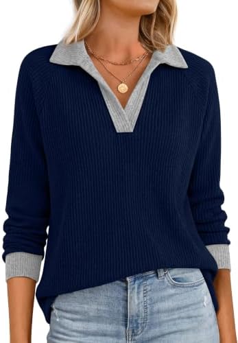Long Sleeve Shirts for Women Fall Tops Color Block Navy Blue XL in Navy Blue