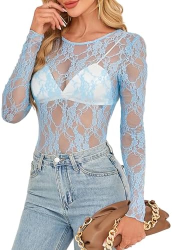Long Sleeve Shirts for Women Lace Floral Tops See Through Sexy in Light Blue