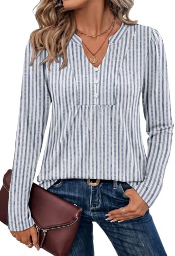Long Sleeve Shirts for Women Ladies Tops And Blouses Dressy in Blue Striped