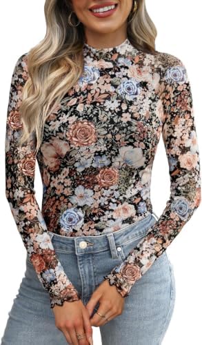 Long Sleeve Shirts for Women Mesh Mock Neck Tops See Through in Multi-floral