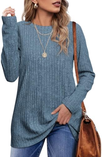 Long Sleeve Shirts for Women Round Neck Womens Tops Dressy in A04-blue