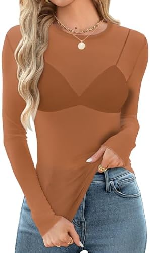 Long Sleeve Shirts for Women Sexy Lace Going Out Tops Spring in Caramel