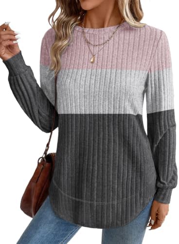 Long Sleeve Shirts for Women Teacher Outfits Fall Fashion in Pink Grey