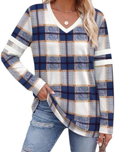 Long Sleeve Shirts for Women Tops Dressy Casual Fall Tops Plaid in Navy Plaid