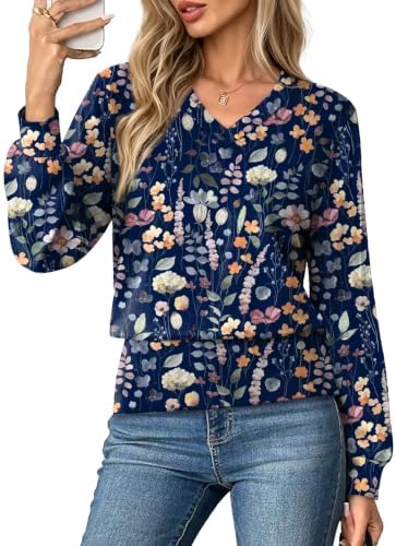 Long Sleeve Shirts for Women Work Business Casual Boho Tops S in Floral Print Navy Blue Ditsy Tiny Flower