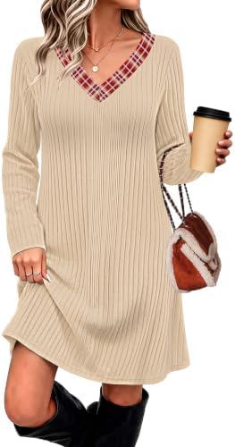 Long Sleeve Sweater Dress Plus Size Holiday Dresses Red Plaid in E-beige
