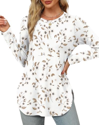 Long Sleeve Tops for Women Going Out Crewneck Tunic Tops Loose in J-white Floral